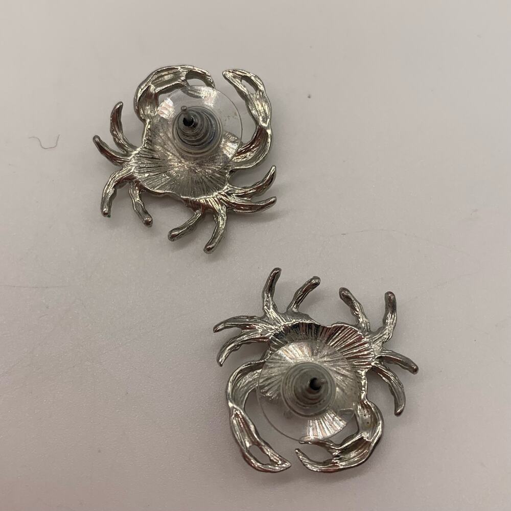 Silver Tone Crab Pierced Earrings with Rhinestones - Picture 8 of 8